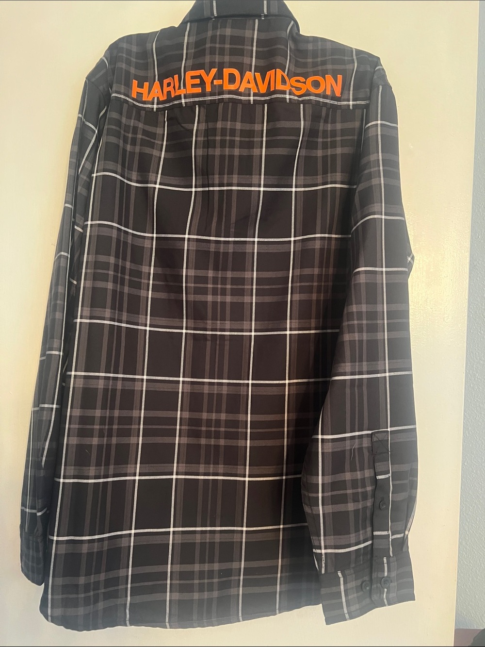 Harley-Davidson Black Plaid Button-Down Shirt with Orange Logo - Picture 3 of 3